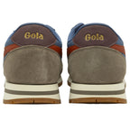 Rear view of two blue and brown sneakers showing Gola branding on the heel.