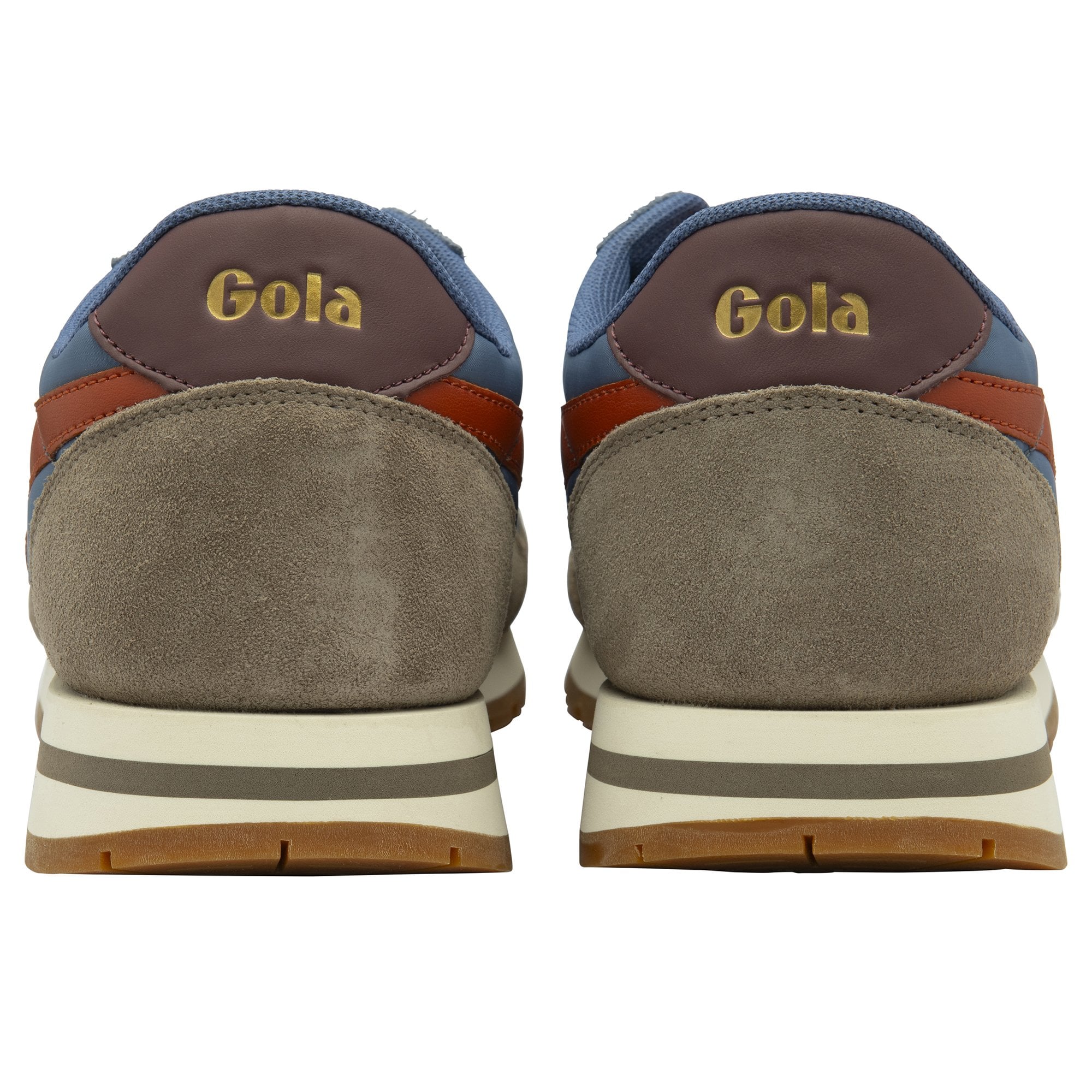 Rear view of two blue and brown sneakers showing Gola branding on the heel.