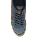 Top down view of a blue and brown Gola sneaker with laces tied.