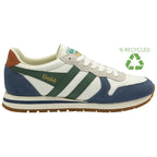 A recycled white and blue Gola sneaker with green stripes, viewed from the side.