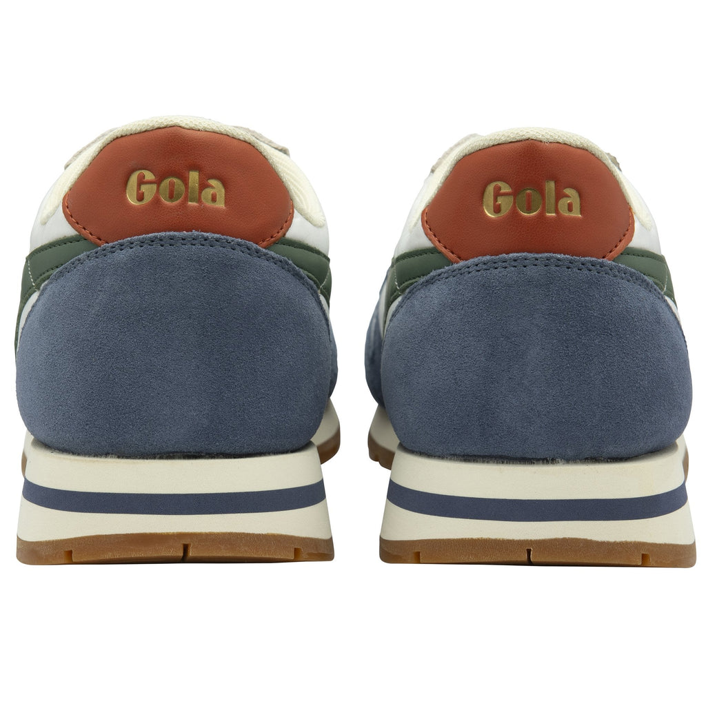 The back of a pair of white and blue Gola sneakers with 'Gola' on the brown heel.
