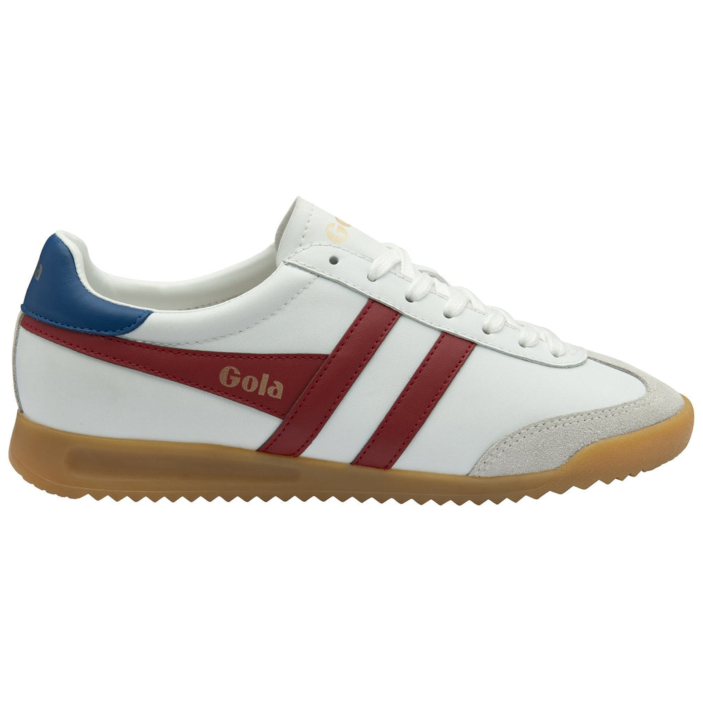Right white Gola sneaker with red stripes and a blue heel, showing the outer side.
