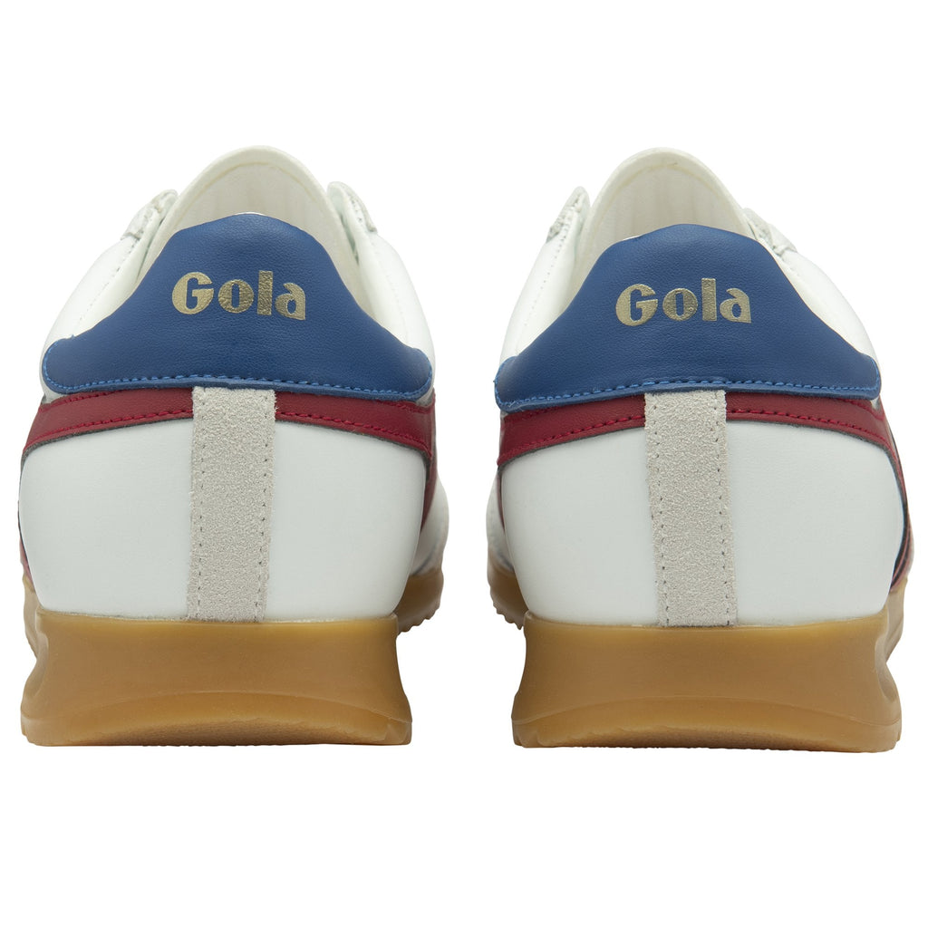 Back view of a pair of white Gola sneakers with blue heels.