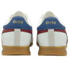 Back view of a pair of white Gola sneakers with blue heels.
