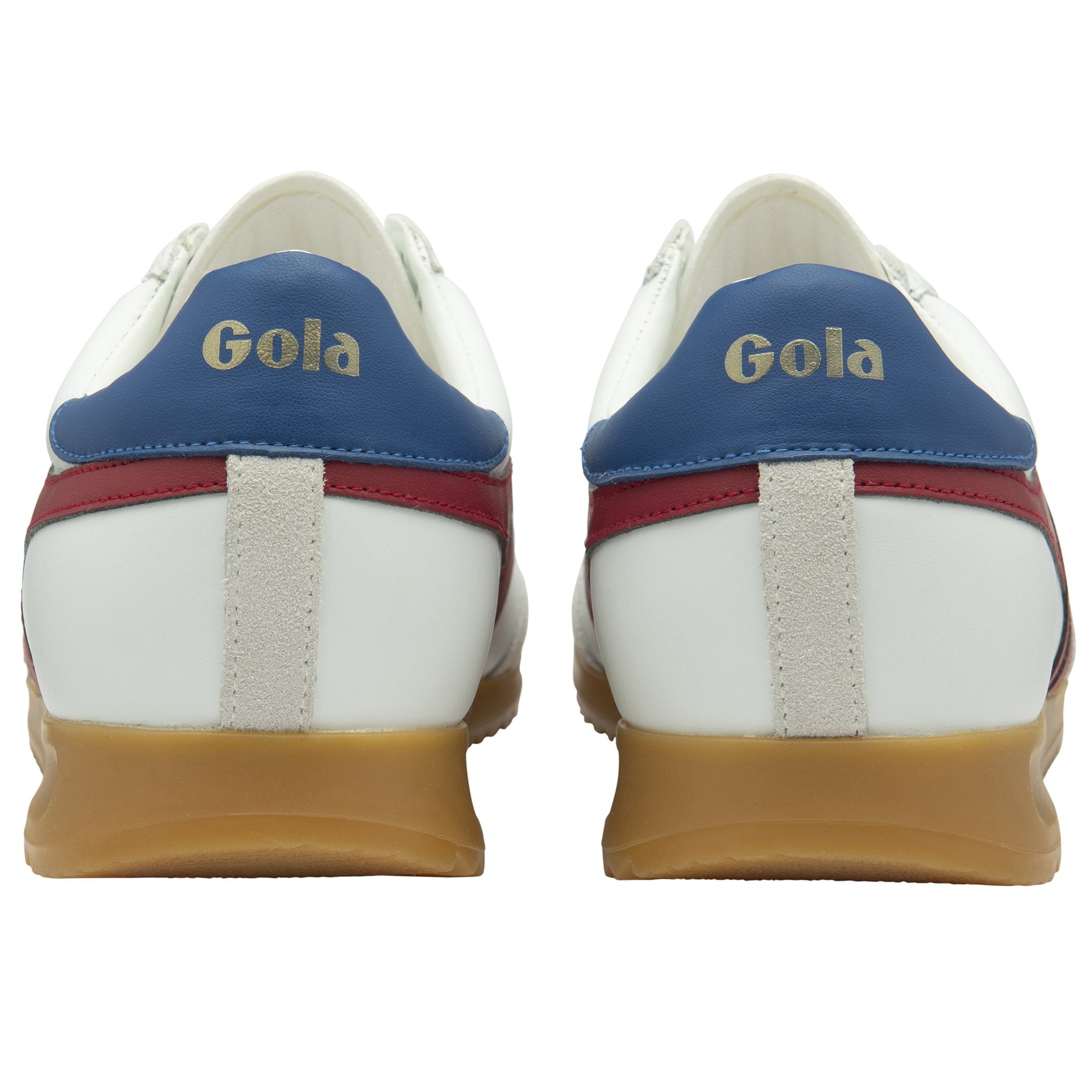 Back view of a pair of white Gola sneakers with blue heels.
