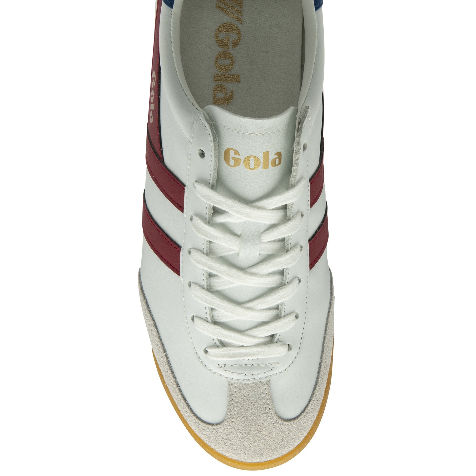 Top-down view of a white Gola sneaker with red stripes and white laces.