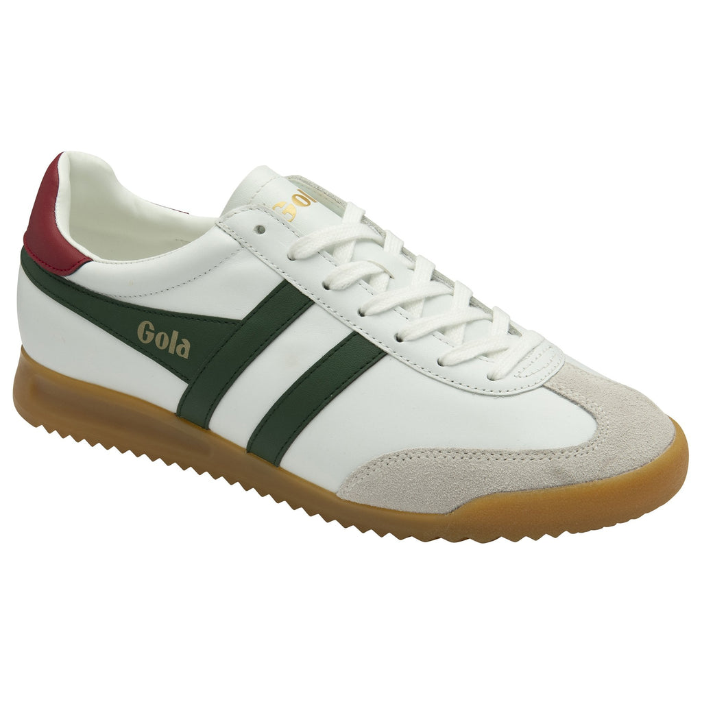 White Gola sneakers with green stripes and a red heel tab, from the left side.