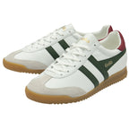 Pair of white Gola sneakers with green stripes and red heel tabs.