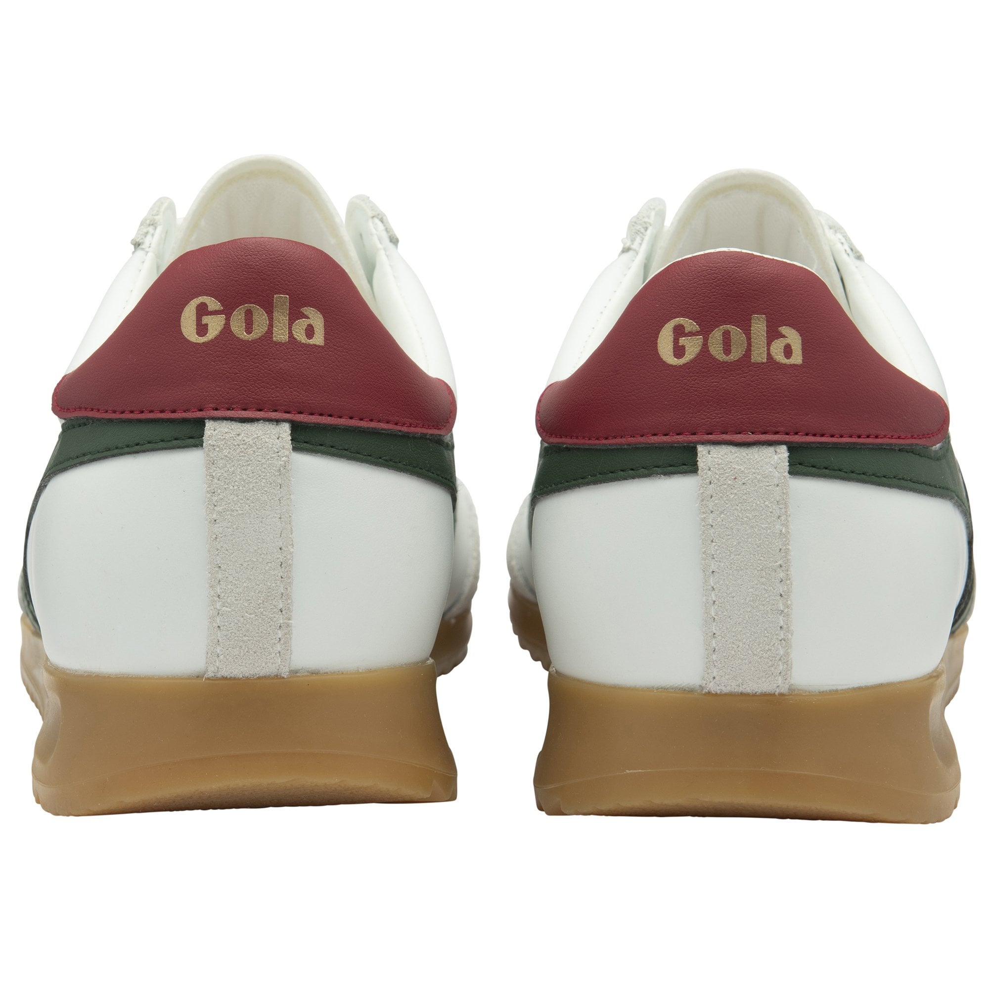 Back view of two white Gola sneakers with red heel tabs and Gola branding.