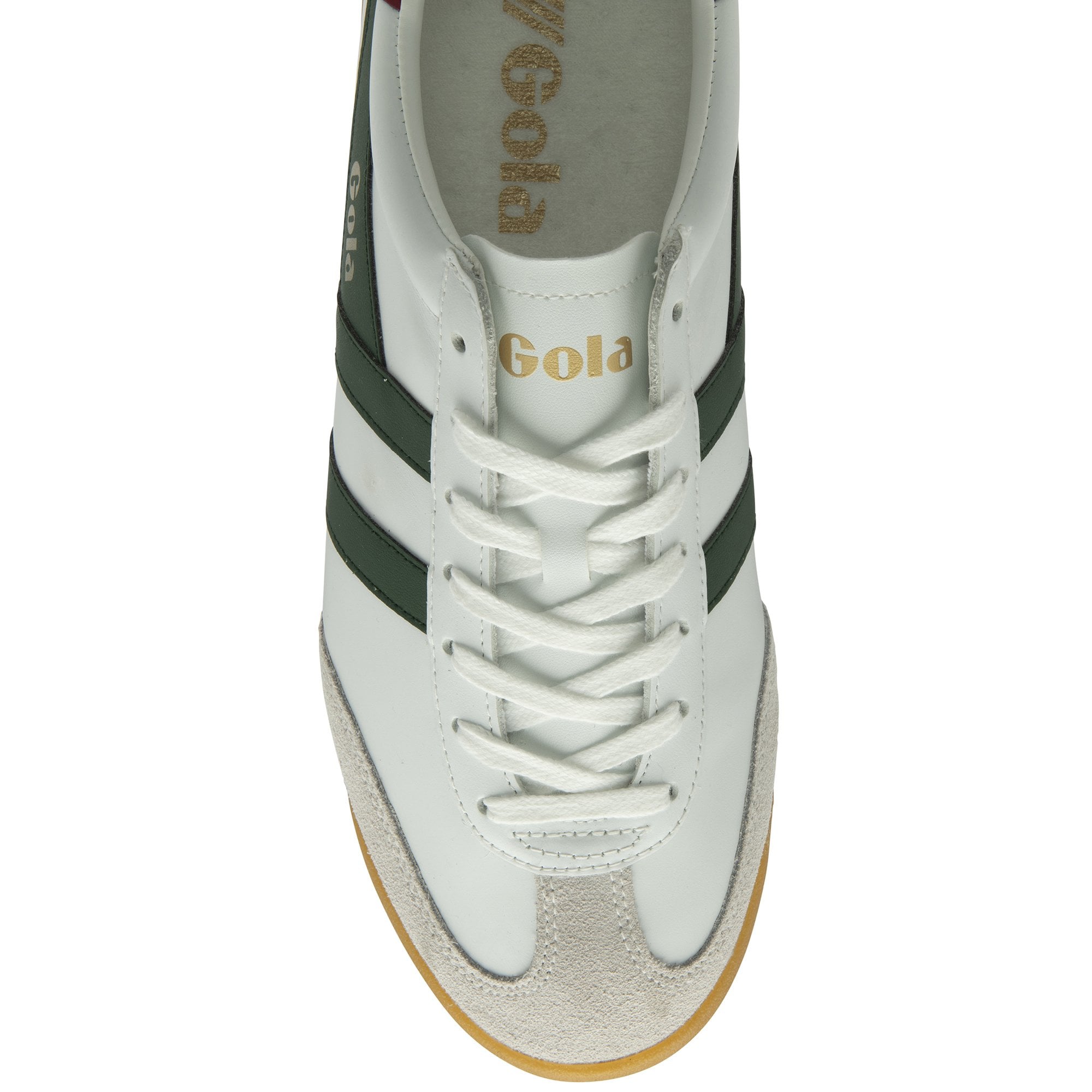 Top-down view of a white Gola sneaker with green stripes and white laces.