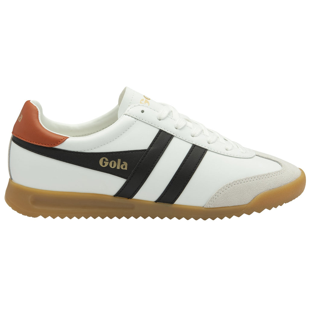 Side profile of a white Gola sneaker with black stripes, brown heel, and gum sole.