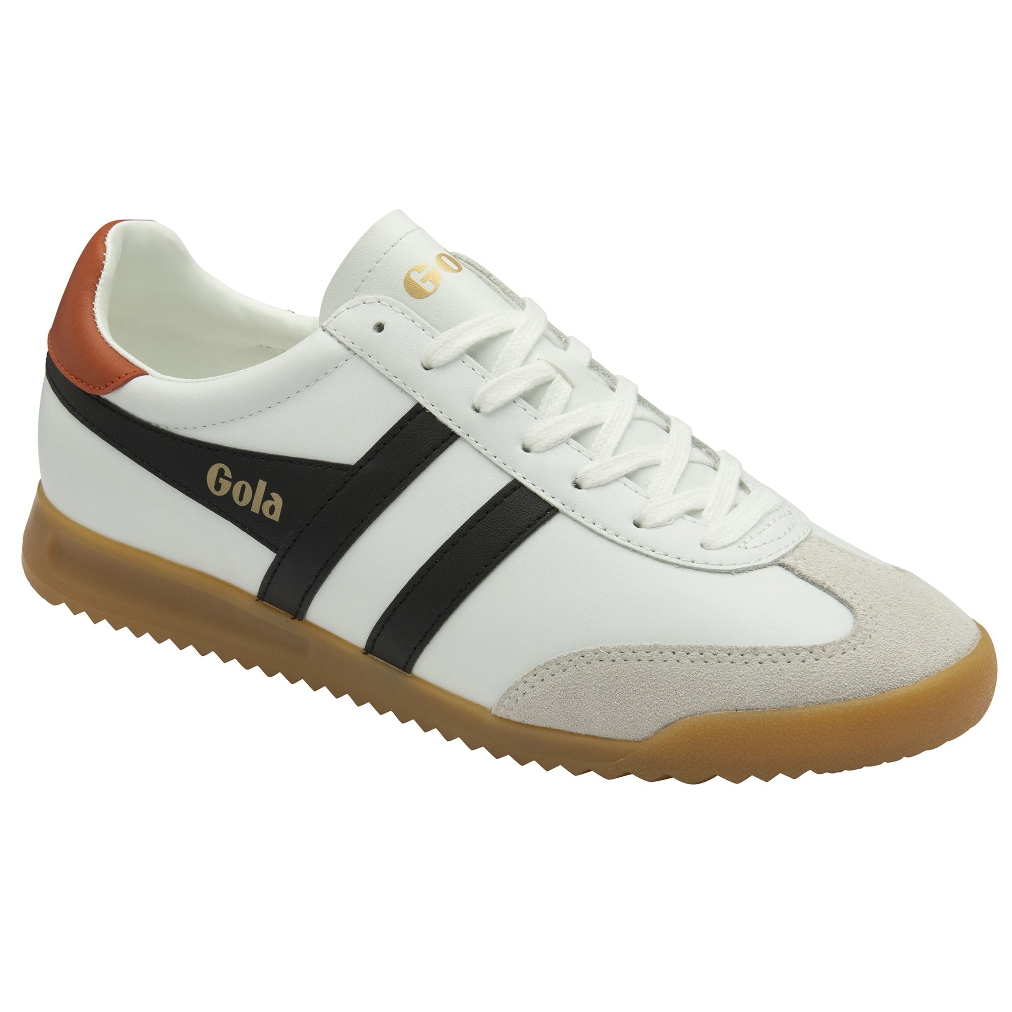 Angled view of a white Gola sneaker with black stripes, brown heel, and gum sole.