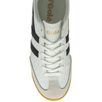 Top-down view of a white Gola sneaker with black stripes and gold Gola logo on tongue.