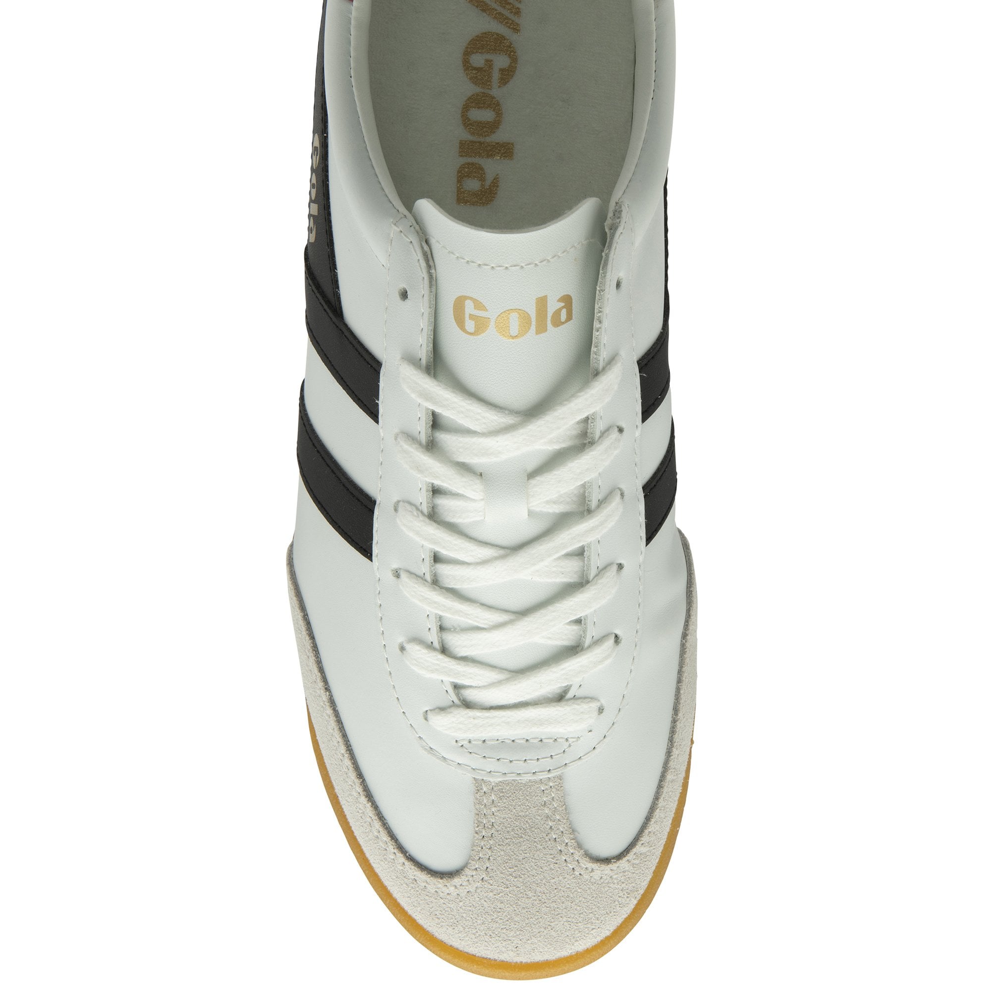 Top-down view of a white Gola sneaker with black stripes and gold Gola logo on tongue.