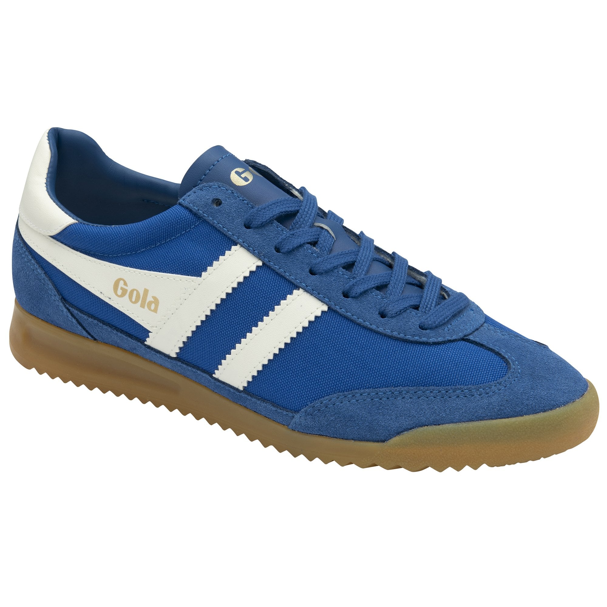 Side profile of a single Gola Harrier sneaker in blue with white stripes and a gum sole.
