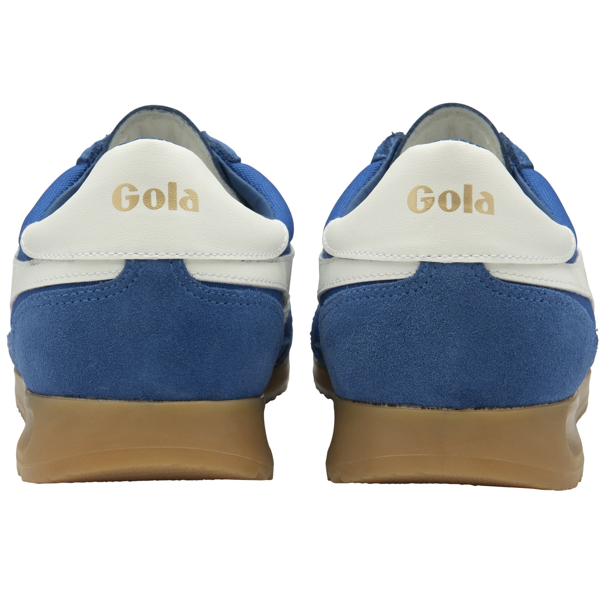 Back view of a pair of Gola Harrier sneakers in blue with white heel tabs.