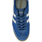 Top-down view of a single Gola Harrier sneaker in blue with white stripes and gum sole.