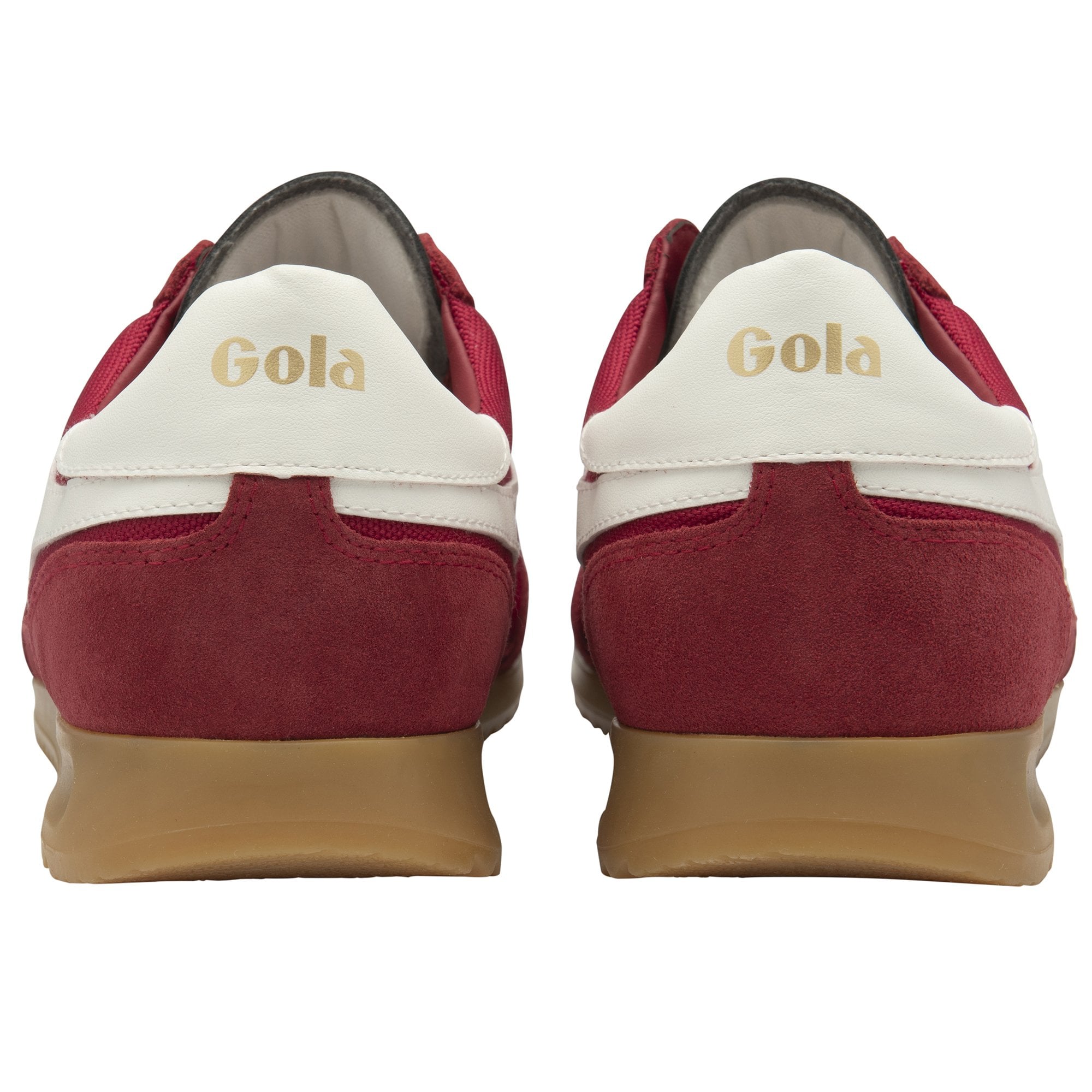 Rear view of a pair of Gola Harrier trainers in red and white with gum soles.