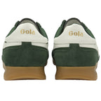 Rear view of a pair of green and white Gola trainers with gold lettering.