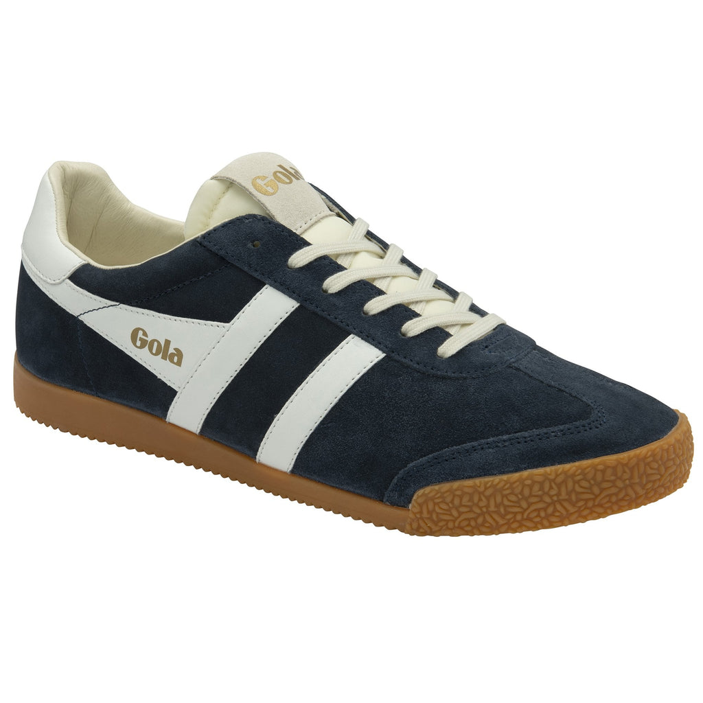 Three-quarter view of a single navy Gola sneaker with white stripes and a gum sole.