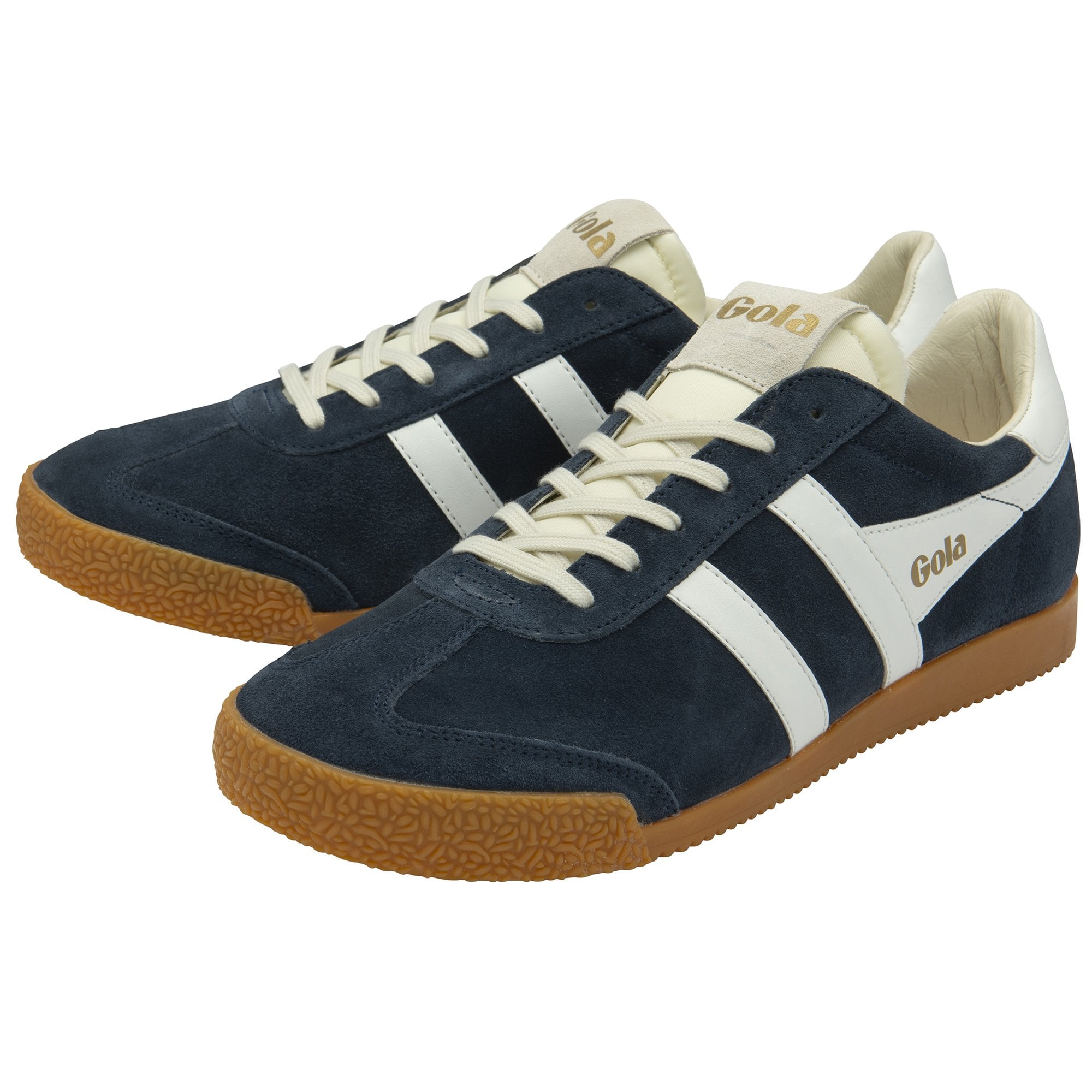 Pair of navy Gola sneakers with white stripes and gum soles, angled for display.