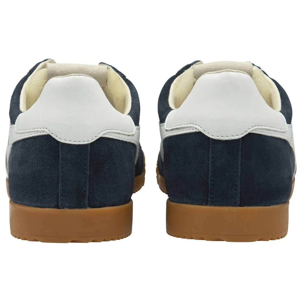 Back view of a pair of navy Gola sneakers with white heel accents and gum soles.