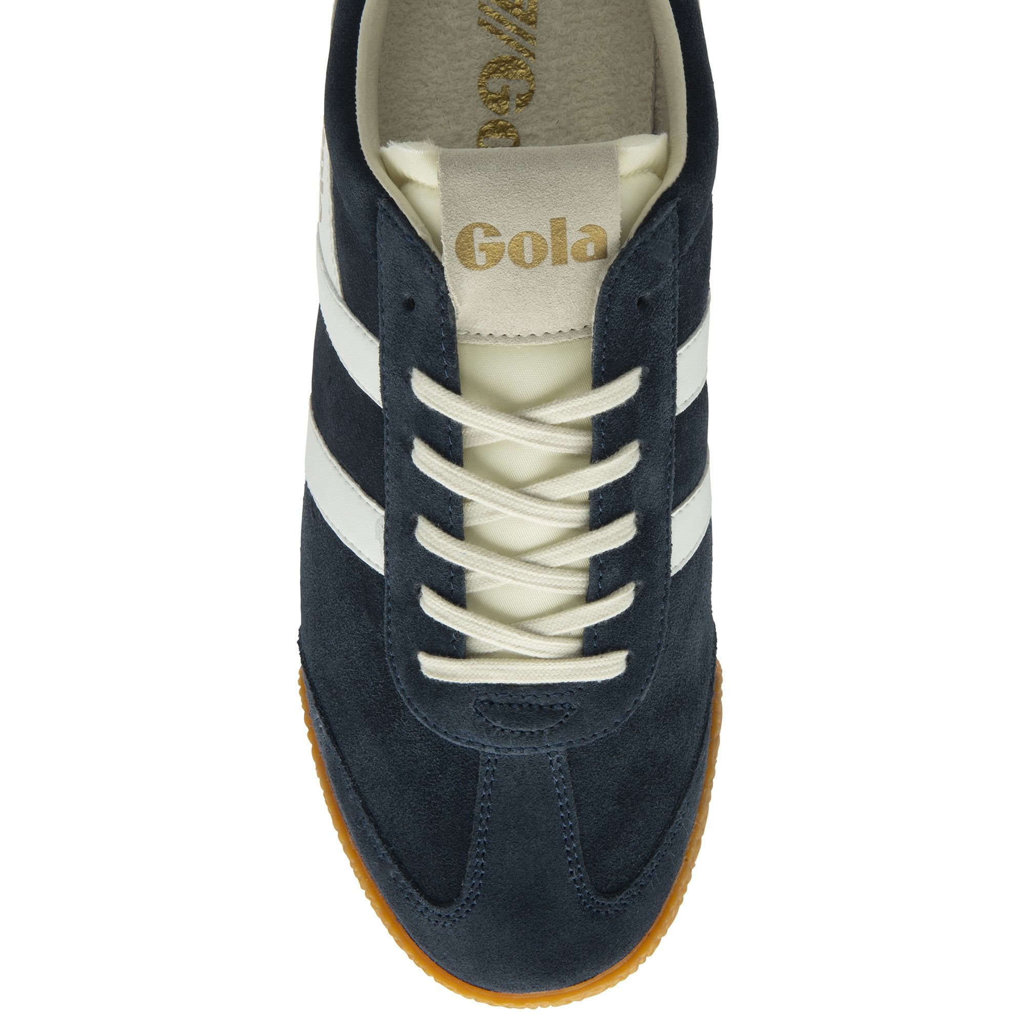 Top-down view of a single navy Gola sneaker with white stripes and cream laces.