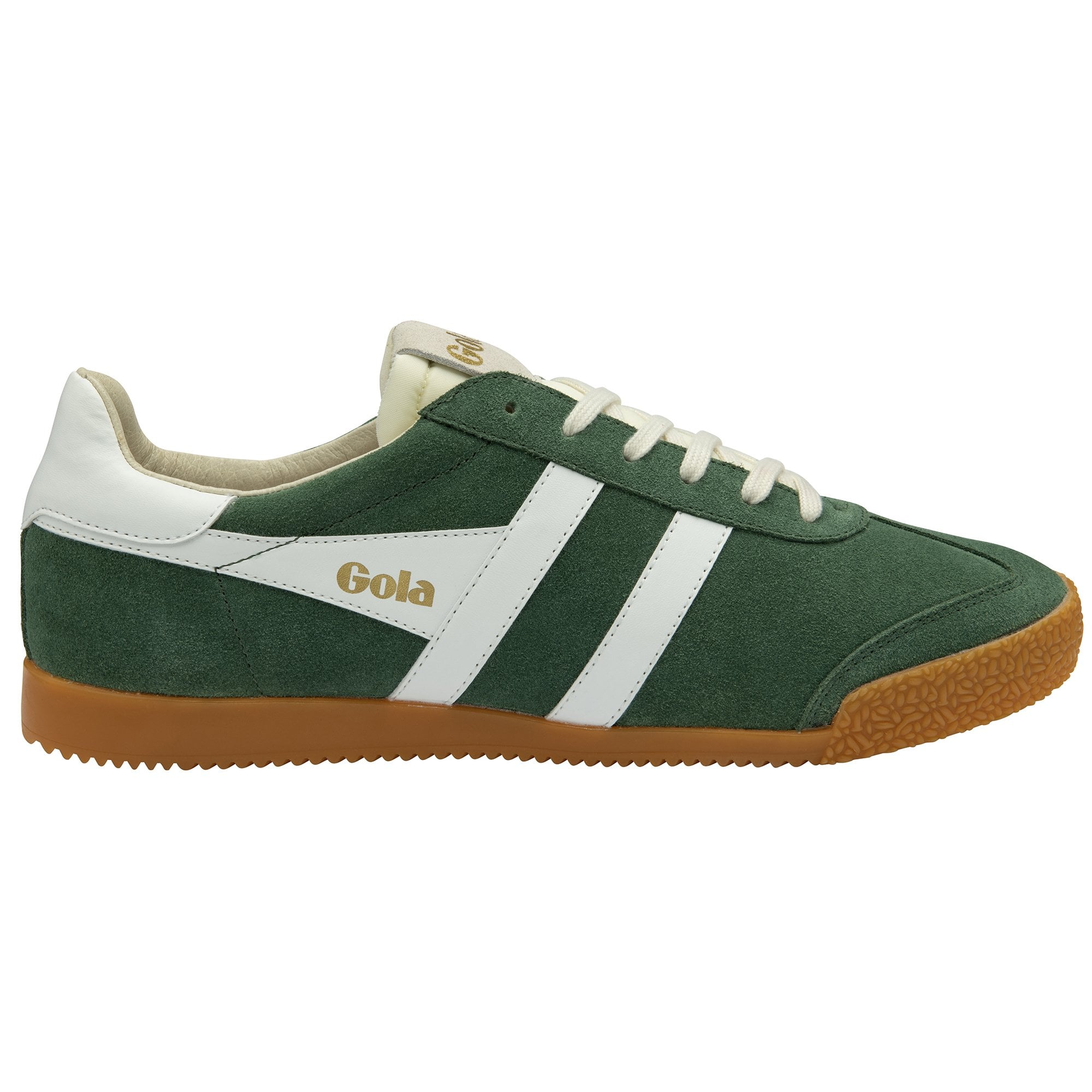 Side view of a single green Gola sneaker with white stripes and a gum sole.