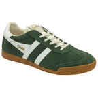 Three-quarter view of a single green Gola sneaker with white stripes and a gum sole.