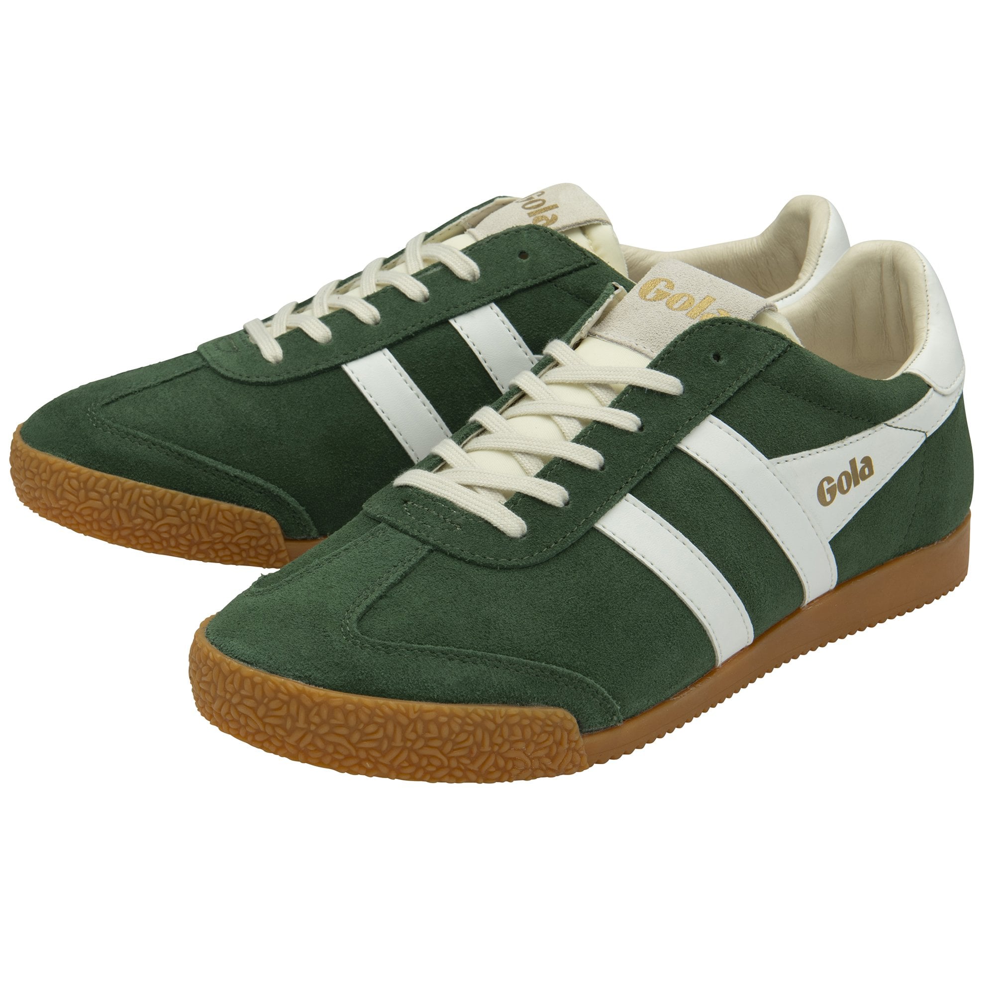 Pair of green Gola sneakers with white stripes and gum soles, angled for display.