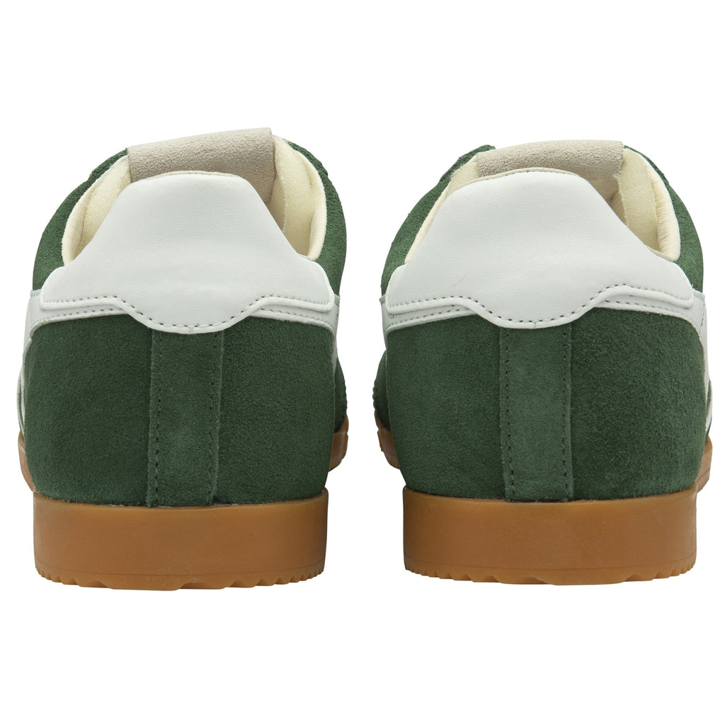 Back view of a pair of green Gola sneakers with white heel accents and gum soles.