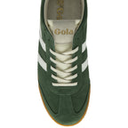 Top-down view of a single green Gola sneaker with white stripes and cream laces.