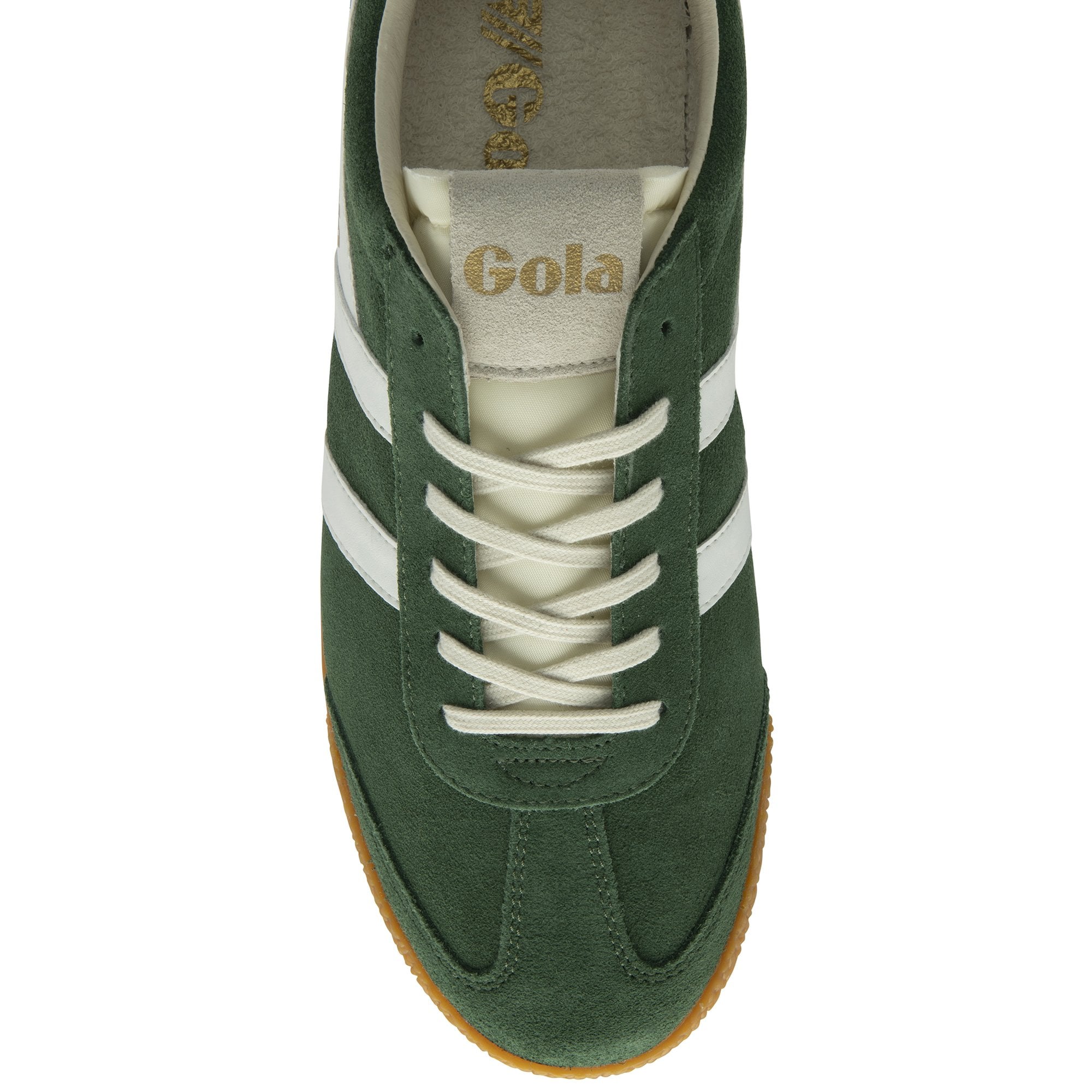 Top-down view of a single green Gola sneaker with white stripes and cream laces.