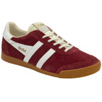 Three-quarter view of a single red Gola sneaker with white stripes and a gum sole.