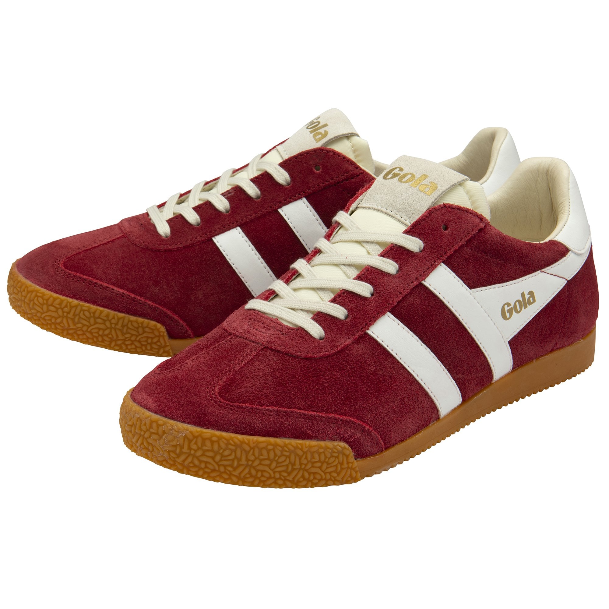 Pair of red Gola sneakers with white stripes and gum soles, angled for display.