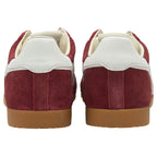 Back view of a pair of red Gola sneakers with white heel accents and gum soles.