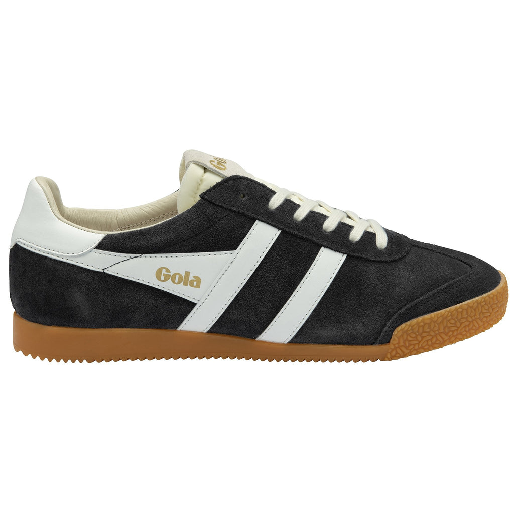 A black Gola men's sneaker with white stripes, white heel, and gum sole. Side view.