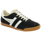 A black Gola men's sneaker with white stripes, white heel, and gum sole. Side view.