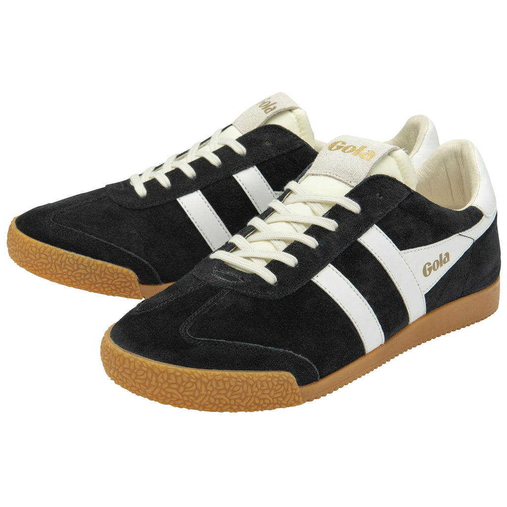 A pair of black Gola men's sneakers with white stripes, white heels, and gum soles.