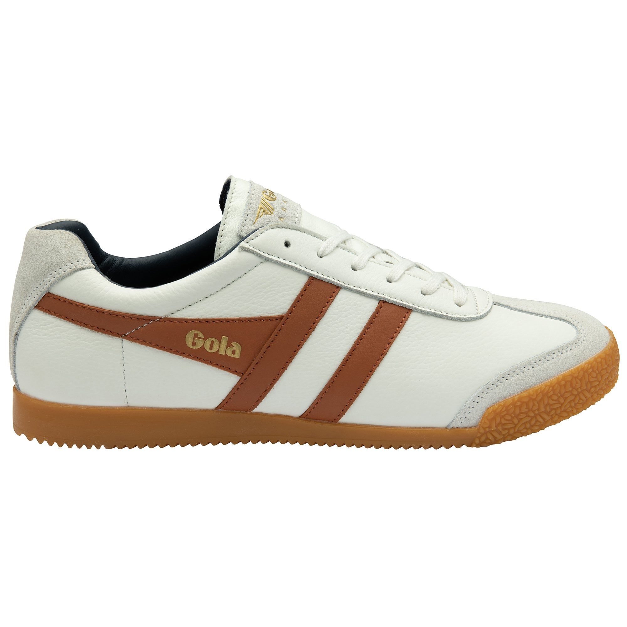 Side profile of a Gola men's Harrier trainer in off-white and tan.
