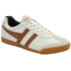 Side angled view of a Gola men's Harrier trainer in off-white and tan.