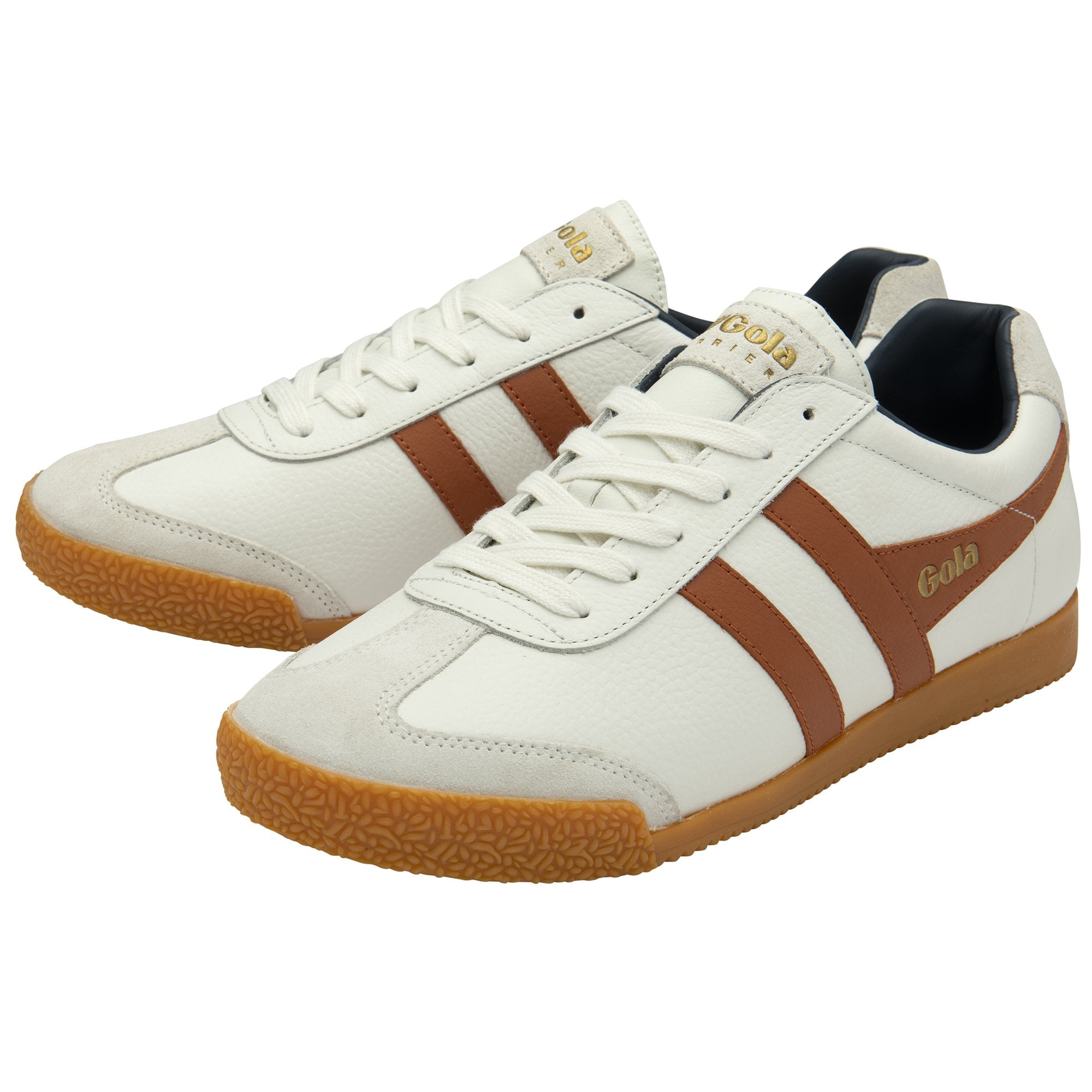 Pair of Gola men's Harrier trainers in off-white and tan, angled view.
