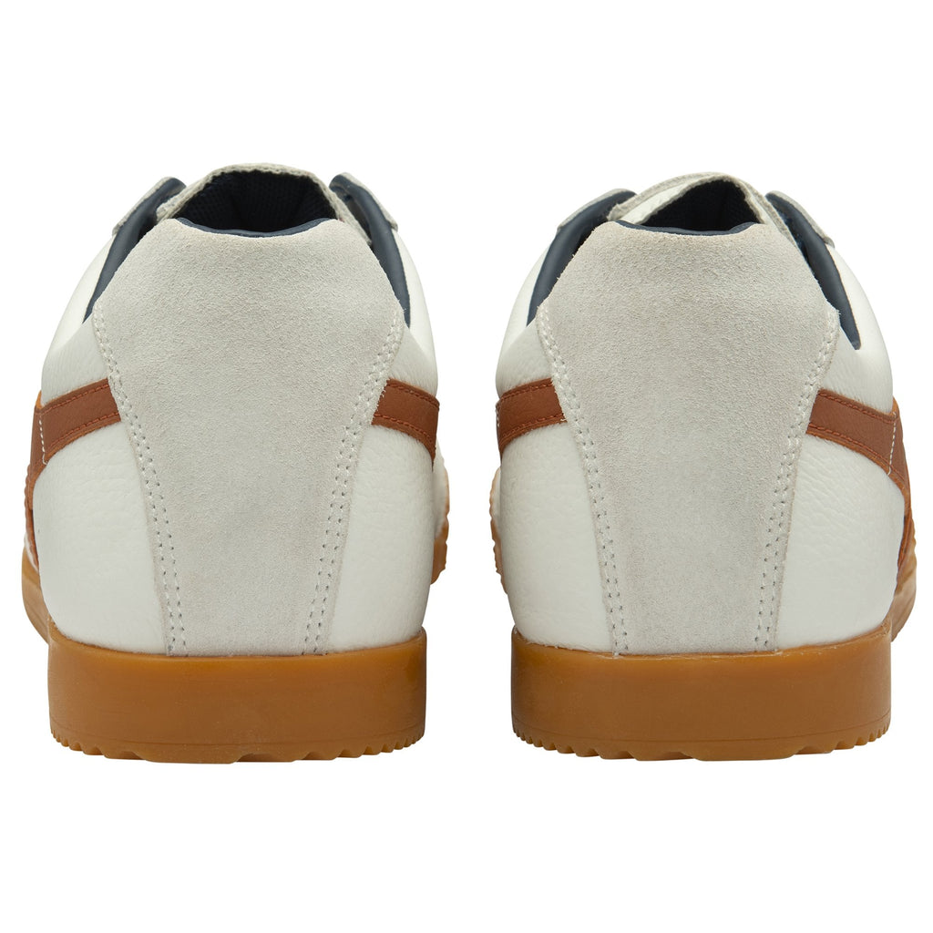 Rear view of two Gola men's Harrier trainers in off-white and tan.
