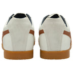 Rear view of two Gola men's Harrier trainers in off-white and tan.