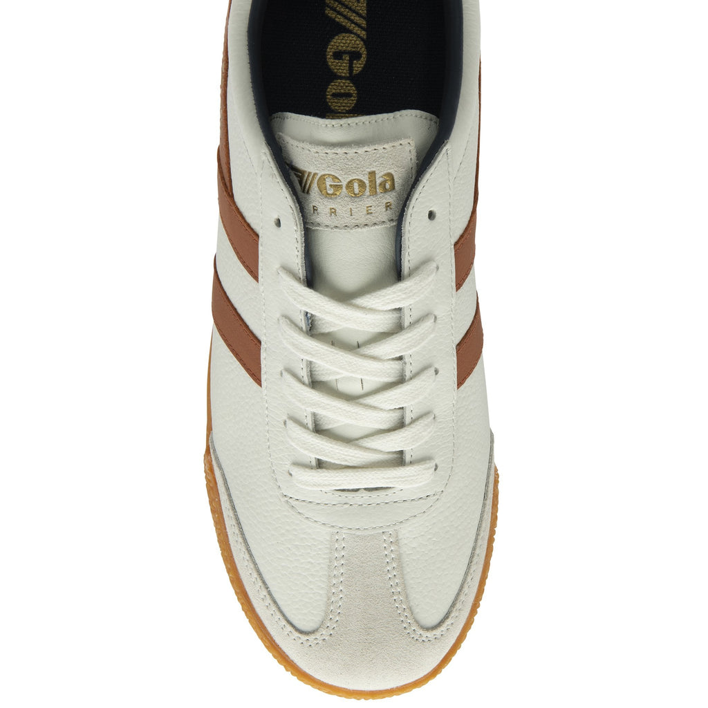 Top-down view of a Gola men's Harrier trainer in off-white and tan.