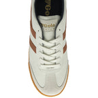 Top-down view of a Gola men's Harrier trainer in off-white and tan.