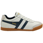 Side profile of a white and navy Gola sneaker with a gum sole, facing left.