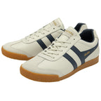 Pair of white and navy Gola sneakers with gum soles, angled slightly right.