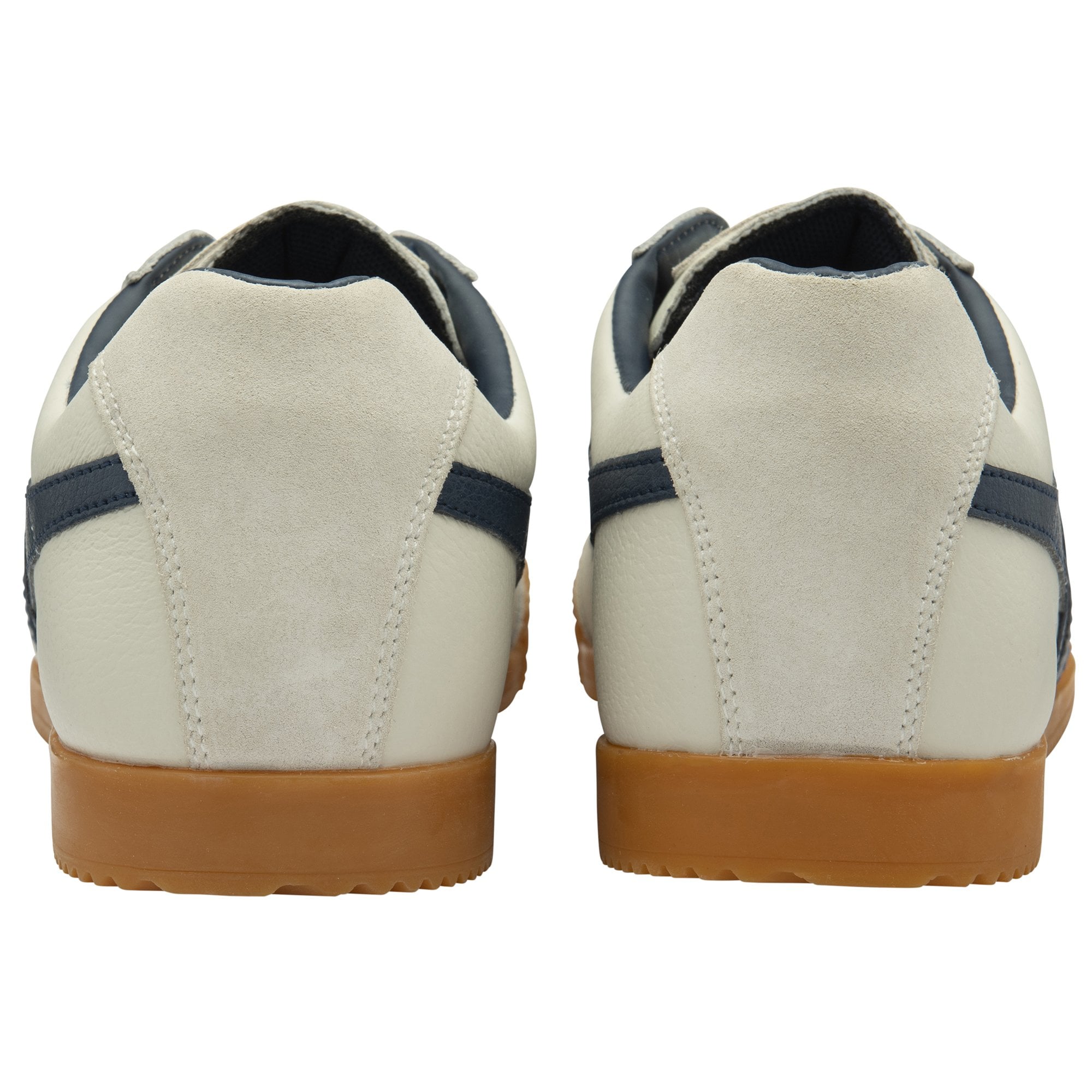Rear view of two white and navy Gola sneakers with gum soles.