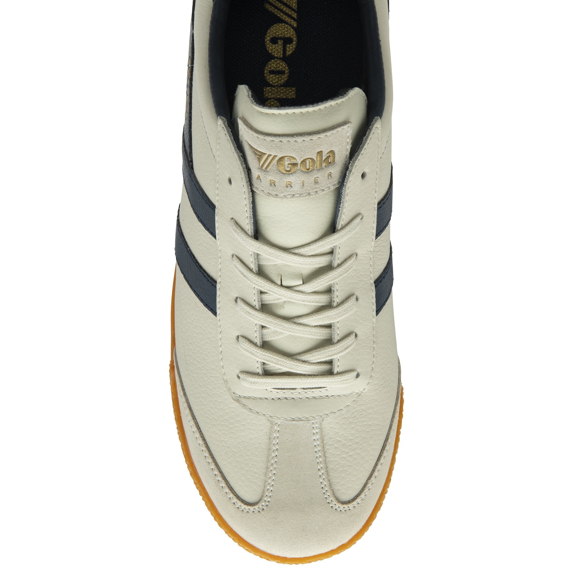 Top-down view of a white and navy Gola sneaker with a gum sole.